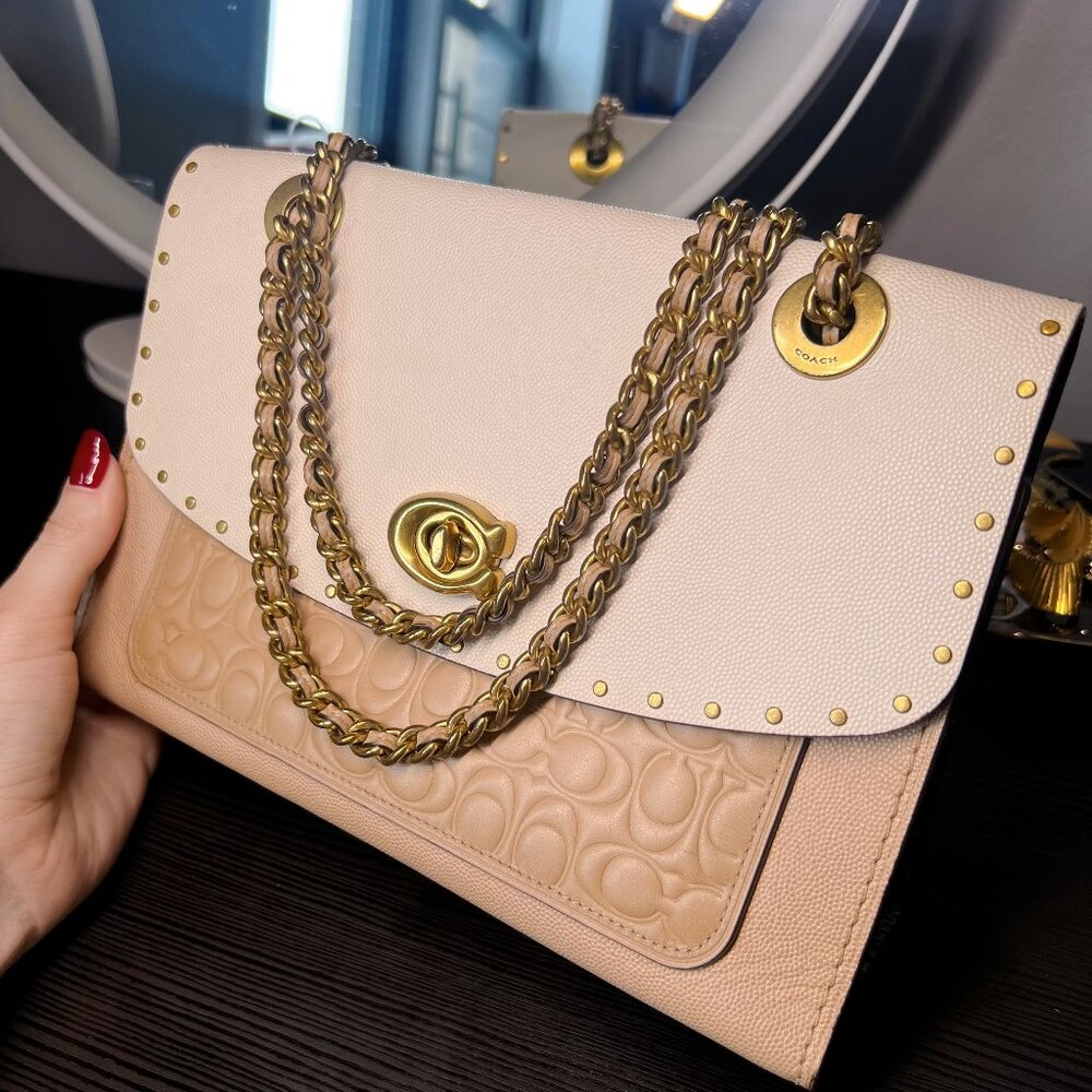 Coach Parker In Signature Leather With Rivets (Beige)